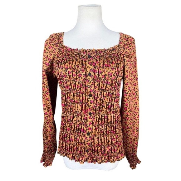 Foxcroft NYC Tops - Foxcroft NYC Womens Pink Tan Leopard Print Smocked Square Neck Top Size 8
